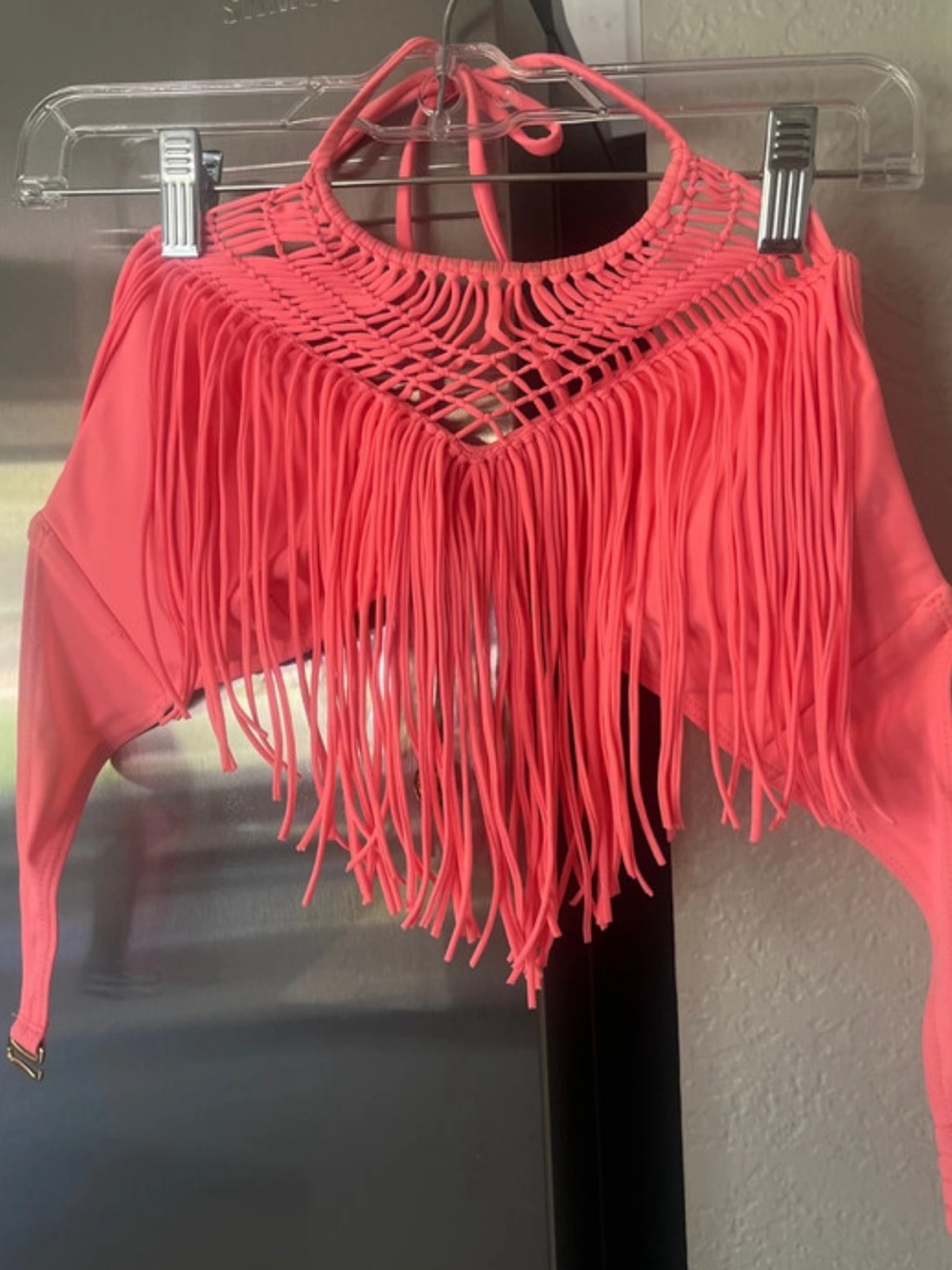 Luli Fama Neon Coral Fringe Halter Bikini Top